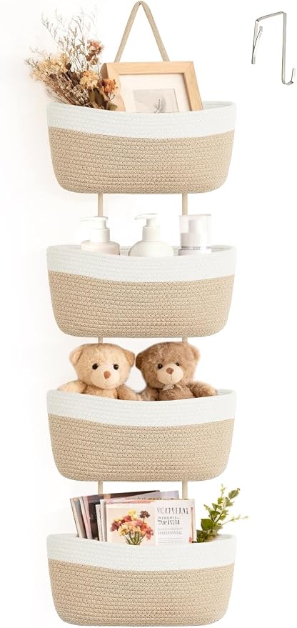 Over The Door Hanging Basket Storage 4-Tier Woven Wall Basket, Jute & White by Dahey