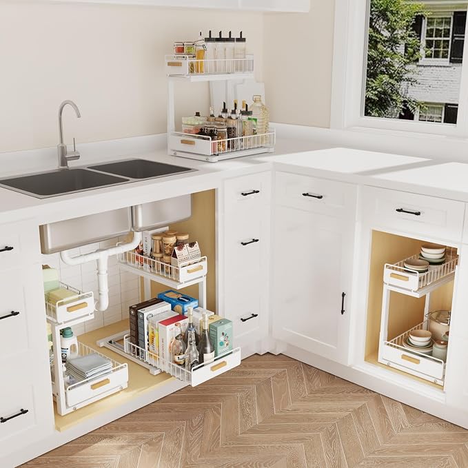 2 Pack Under Sink Organizer with Ball Bearing Sliding Drawer, Heavy Duty Pull Out Cabinet Organizer, 2 Tier Adjustable Storage Rack for Kitchen Bathroom, Space Saving Design, White - Image 5