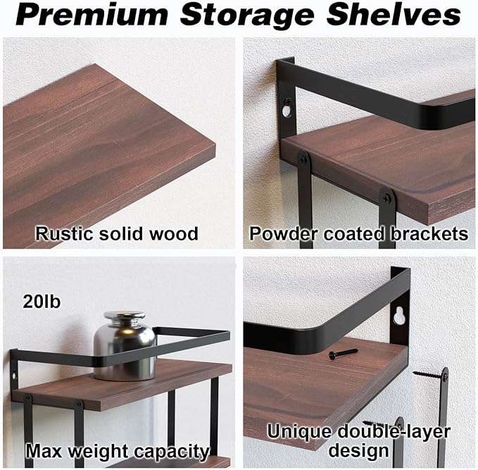 RICHER HOUSE 2+1 Tier Wall Mounted Floating Shelves Set of 2, Rustic Wood Shelf with Metal Frame, Extra Storage Rack for Bathroom, Kitchen, Bedroom with Tissue Rack & Towel Bar - Rustic Brown - Image 3