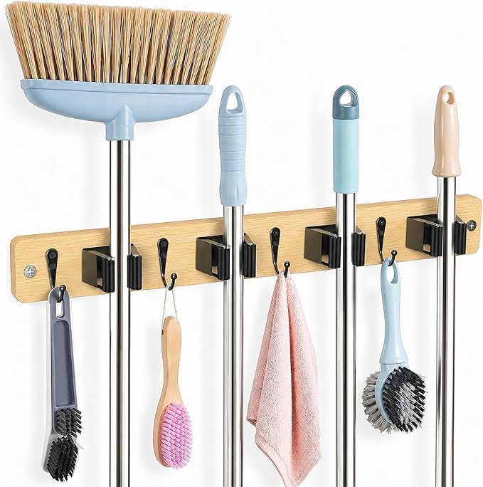 AceMining Light Wood Broom Holder Wall Mount, 4 Holders 4 Hooks Mop Holder by AceMining