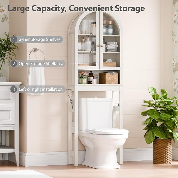 Over The Toilet Storage Cabinet, 23.7”W Modern Storage Cabinet Over Toilet with Acrylic Doors, Arched Freestanding Over Toilet Rack with Adjustable Shelf for Bathroom, White - Image 7