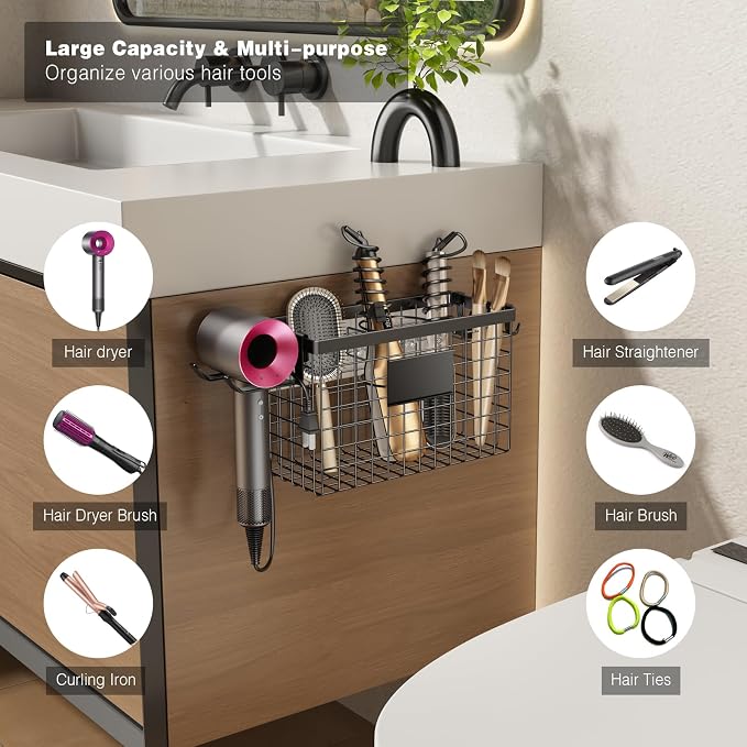 Voldra Hair Dryer Holder Cabinet Door, Adhesive Hair Tool Organizer Wall Mount Adjustable Height Blow Dryer Holder Under Sink/Countertop for Flat Curling Iron, Hair Brush and Straightener (1, Black) - Image 2