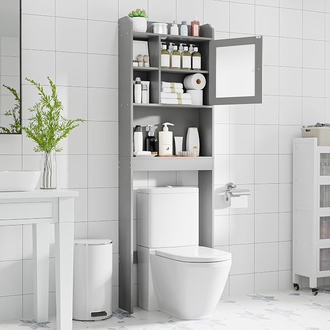 ZENY Over The Toilet Storage Cabinet, Bathroom Organizer with Adjustable Shelf and Double Doors, Freestanding Bathroom Space Saver Toilet Rack (Gray) - Image 9