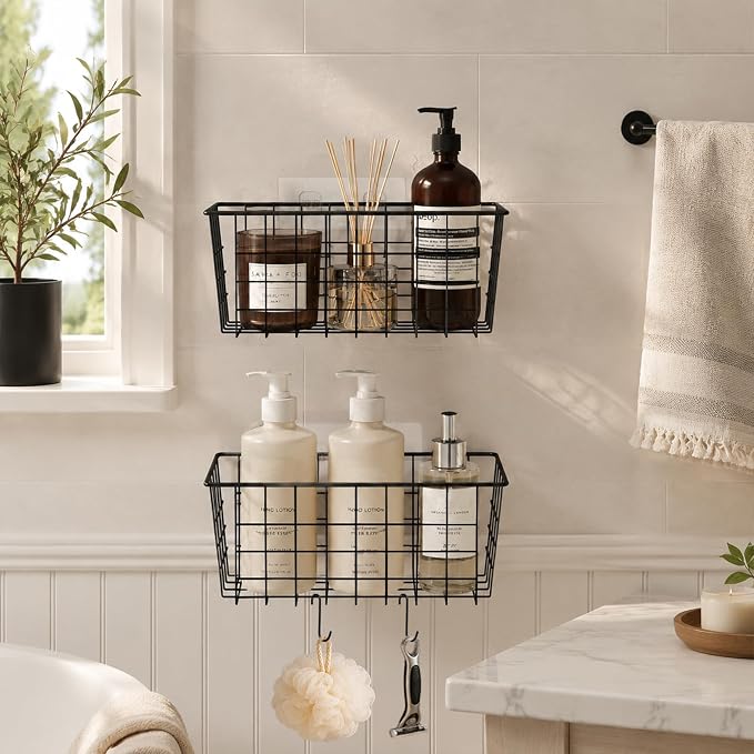 MaraFansie Hanging Kitchen Baskets, 2 Pack Wire Storage Basket Over Cabinet Door Organizer with Adhesive Hooks, No Drilling Pantry & Cabinet Organization for Kitchen Bathroom, Extra 2 Hooks, Black - Image 6