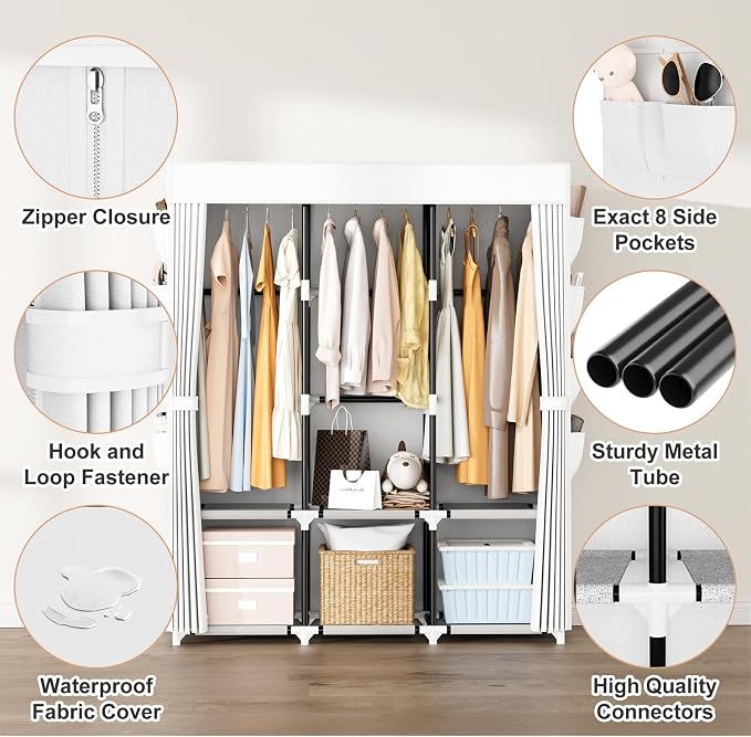 Portable Closet with Cover, 3 Hanging Rods and Side Pocket, Sturdy Free Standing Closet, White - Image 4