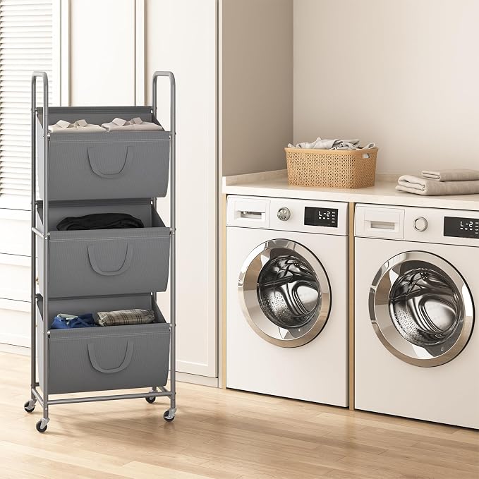 ELYKEN 3-Tier Vertical Rolling Laundry Hamper with Wheels & Removable Bags - Image 8