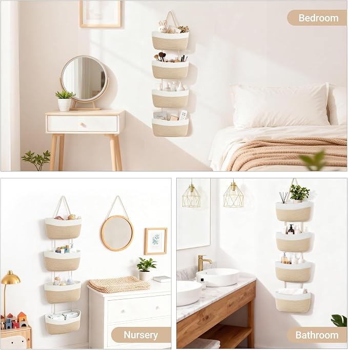 Over The Door Hanging Basket Storage 4-Tier Woven Wall Basket, Jute & White - Image 6