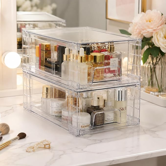 2 Pack Stackable Storage Drawers,Plastic Organizers Bins, Drawers Storage with Handles and Movable Dividers for Organization and Storage in Fridge,Bathroom, Pantry, Kitchen Cabinets, Under Sink - Image 2
