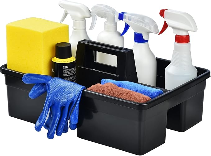 3-Compartment Plastic Cleaning Caddy Basket – Stackable Large Commercial Quality Plastic Tool Organizer Bucket with Handle, Black by Haundry