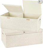 2 Pack Large Storage Boxes with Lids and Handles, Collapsible Linen Storage Bins Organizer Containers Baskets Cube with Removable Divider for Home Bedroom Closet Office (Cream, Small) by Unknown