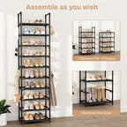 VTRIN 10 Tiers Tall Shoe Rack Holds 20-25 Pairs of Shoes Sturdy Vertical Shoe Organizer with 18pcs Hooks Stackable Narrow Shoe Rack for Closet, Entryway Black - Image 5