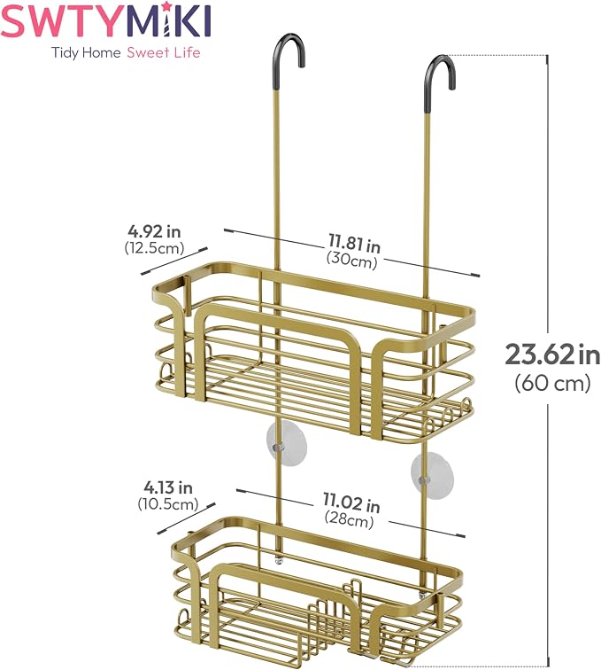 SWTYMIKI Shower Caddy Hanging Organizer - Over the Door Shower Caddy with Soap Holder, 11 Hooks, 2 Installation Ways, Stainless Steel Rustproof Bathroom Organizer, Gold - Image 8