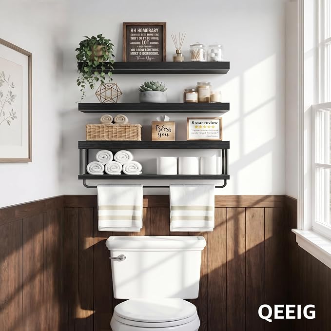 QEEIG Bathroom Floating Shelves Over Toilet - Wall Mounted Shelf Toilet Paper Storage Farmhouse 32 inch Long Set of 3, Black (027-80B3) - Image 5