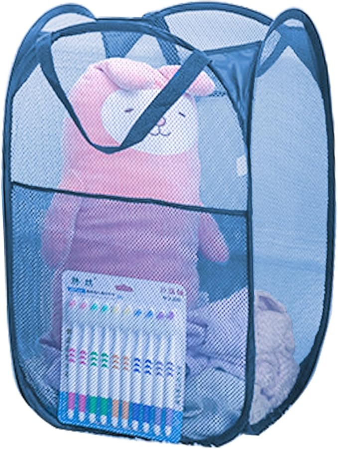 Mesh Pop Up Laundry Hamper for Cruise, Collapsible Laundry Basket Foldable Dirty Clothes Hamper with Handles, Side pocket, Ash Blue - Image 6
