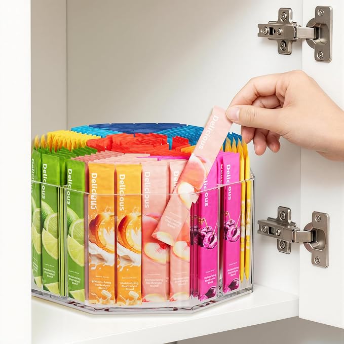 Divided Drink Packet Organizer, Octagonal 5 Compartment Clear Lazy Susan - Image 4