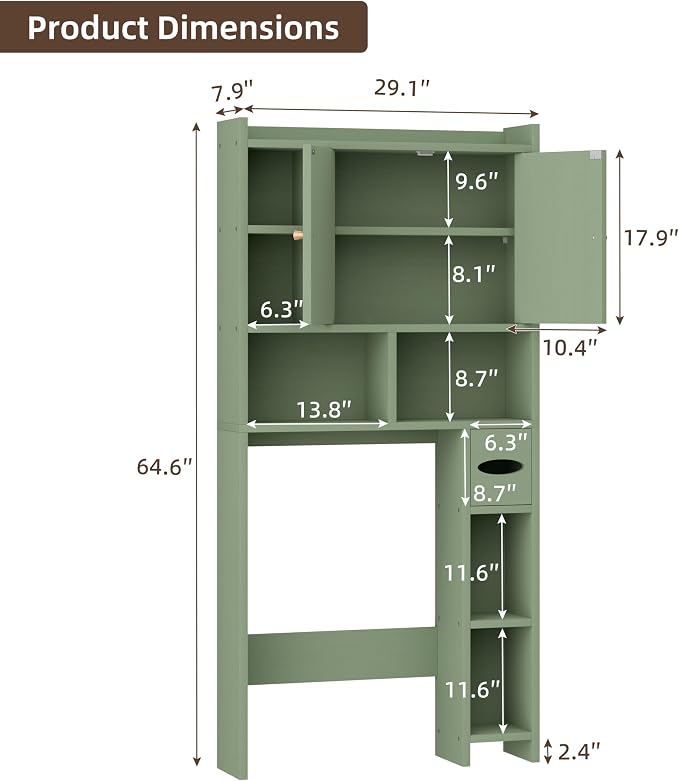 Shintenchi Over the Toilet Storage Cabinet, Bathroom Storage Cabient with Barn Doors, Bathroom Storage Shelf Organizer with Toilet Paper Holder, Adjustable Shelf and Anti-Tip Device, Green - Image 2