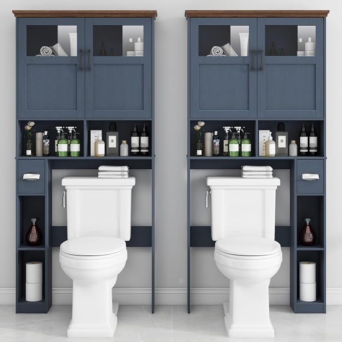 Vabches Over The Toilet Storage Cabinet with Doors & Paper Holder, Blue - Image 5