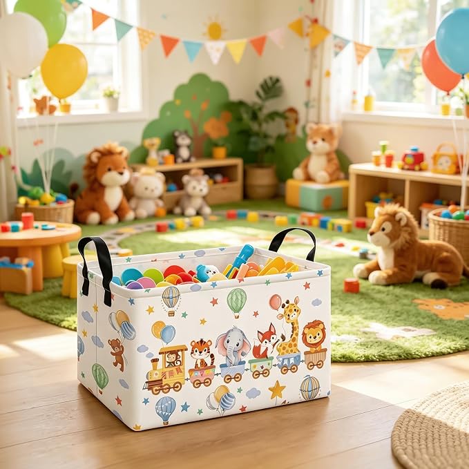 Rectangular Collapsible Laundry Basket with Side Handles, Train Animals - Image 5