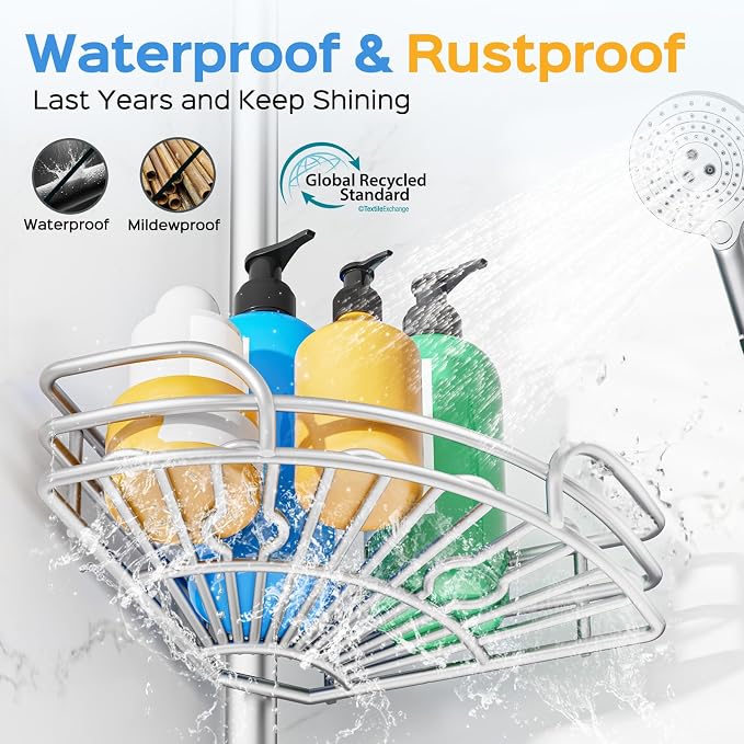 HAMITOR Corner Shower Caddy Tension Pole, Space-saving Bathtub Shelves - Image 5