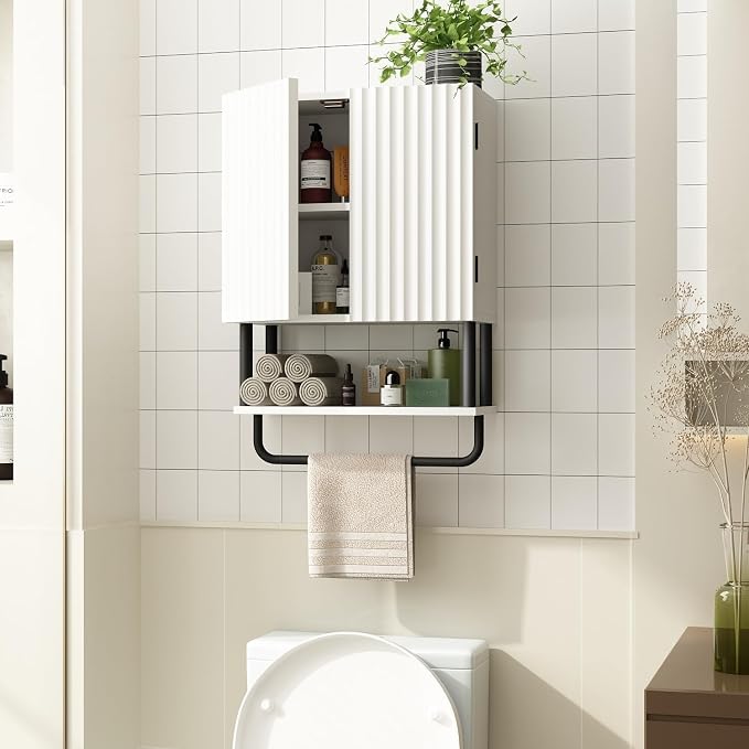 RUSTOWN Fluted Bathroom Wall Cabinet with 2 Doors, 3-Tier Medicine Cabinet - Image 3