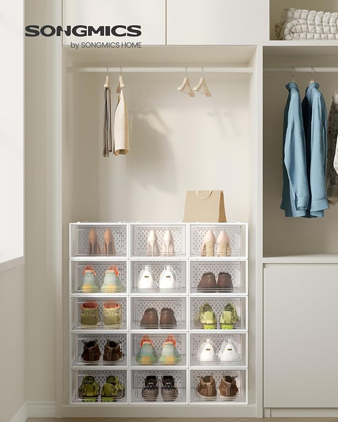 SONGMICS Shoe Boxes, Clear Plastic Sneaker Box, Pack of 15 | Stackable Shoe Storage Organizers, for Closet, 13.1 x 9.1 x 5.6 Inches, Transparent and White, DENNYS Collection ULSP015W02 - Image 2