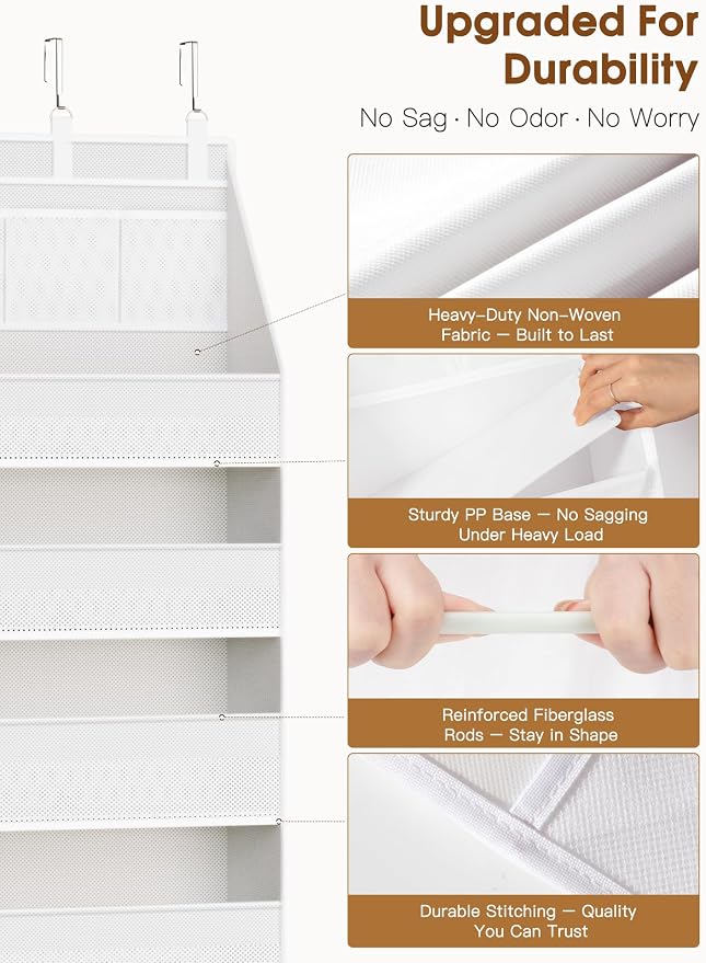 Criusia Over the Door Organizer, Heavy-Duty 6-Shelf Hanging Storage with 13 Mesh Pockets, 55lbs Capacity Behind the Door Storage for Nursery, Bathroom, Bedroom, and Dorm, White - Image 3