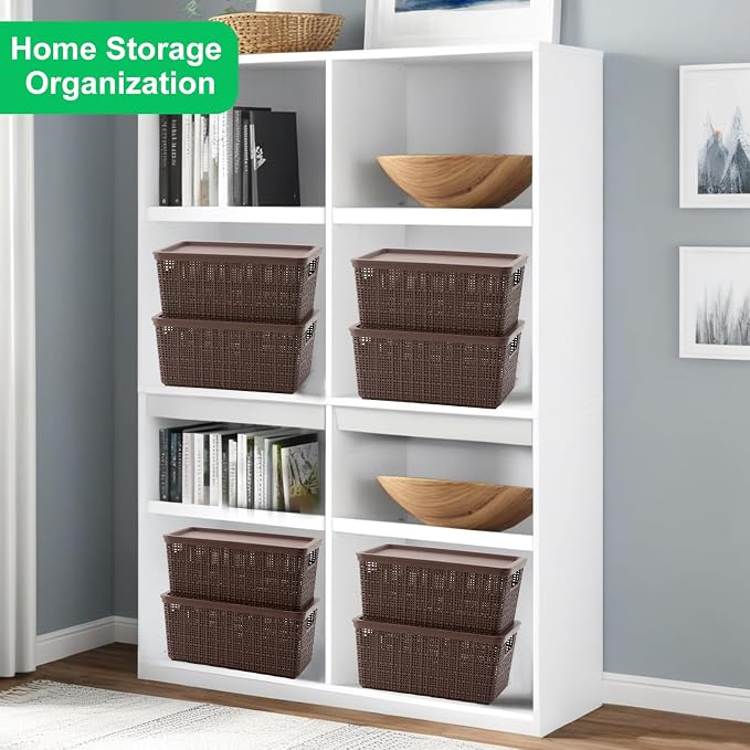 6 Pack Plastic Storage Baskets with Lid,Brown Stackable Bins - Image 7