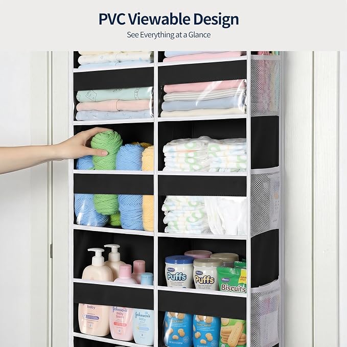 Yecaye 6 Tier Over The Door Organizer, Door Organizer with 12 Compartments | 20" W, Extra Large Behind Door Storage With 12 Side Pockets, 80lbs Heavy Duty, Clear Window, for Closet Bedroom Pantry, Black - Image 4