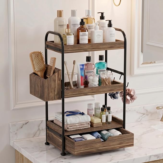 3-Tier Bathroom Counter Organizer with Drawer, Wooden Vanity Skincare Shelf - Image 7