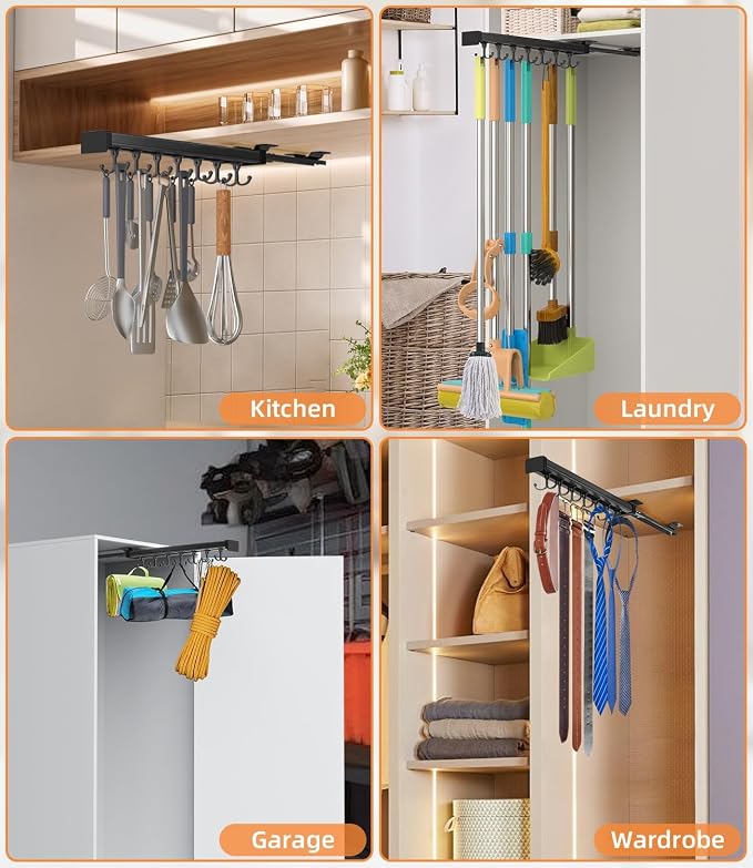Pull Out Broom Holder With Adjustable Double Row Sliding Hook-Black 16.14IN - Image 6