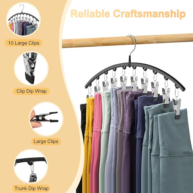 Legging Organizer for Closet, Metal Yoga Pants Hangers 4 Pack w/10 Clips Holds 40 Leggings, Space Saving Hanging Closet Organizer w/Rubber Coated Closet Organizers and Storage, Black - Image 8