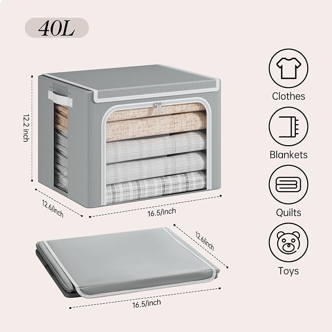 Yecaye Clothes Storage Bins with Metal Frame, Foldable Organizer Box, 40L | Stackable Zippered, With Lid, Clear Window＆ PU Leather Handles - Image 2