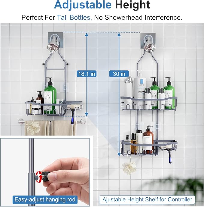 Upgraded Extended Length Shower Caddy Over Showerhead No Blocking to Showerhead, Rustproof Bathroom Organizers and Storage with Hooks Shampoo Soap Holder, Large Hanging Caddy, Grey - Image 3