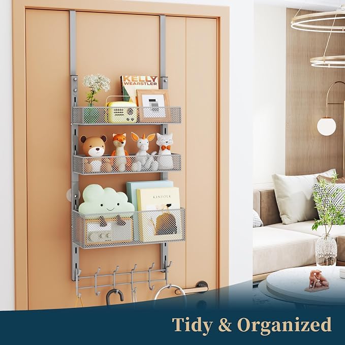Consumest Over The Door Hooks Organizer - 4 Tier Door Coat Rack with 3 Baskets & 12 Hooks, Stainless Steel Towel Hanger for Bedroom, Bathroom, Living Room, Silver - Image 5