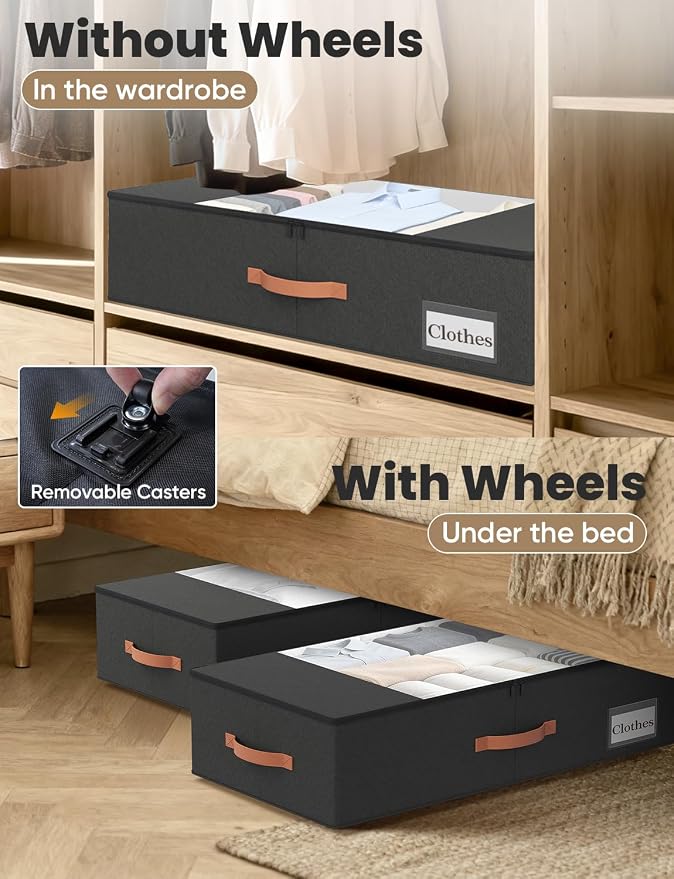 TOSKING 2-Pack Under Bed Storage Drawers with Wheels, 6 Vacuum Bags, 7.9" Height, Large 65L/80 lbs Clear Lid Rolling Bin, 900D Oxford, Space Saver for Dorm Bedroom, Blankets, Clothes, Shoes, Black - Image 7