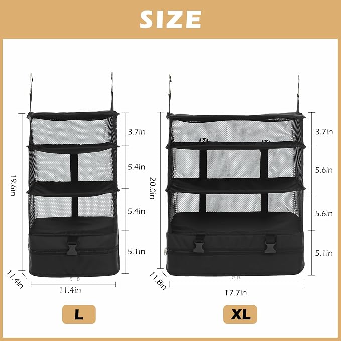Surblue Hanging Closet Storage Bag Collapsible 3-Shelf Washable Oxford Fabric with 2 Hooks (L 11.41 * 11.41 * 19.68in, Black) - Image 5