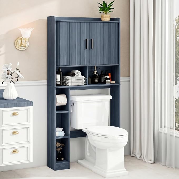 Vabches Over The Toilet Storage Cabinet with 2 Tambour Sliding Doors, Blue by Vabches