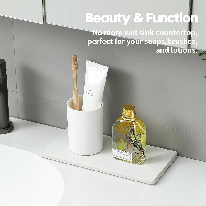 2PCS 10"x 5" Large Bathroom Sink Vanity Trays, Water Absorbing Diatomite Stone Quick Drying Mat for Kitchen Counter, Dish Rack Dispensers Sponge Holder Caddy Organizer, Beige, 10"x 5" - Image 3