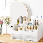 Makeup Organizer with Drawers, Cosmetic Storage for Dresser Vanity and Bathroom Countertop, Beauty Holder for Lipstick Brush, Skincare Organizer for Vanity, Cosmetic Display Case (White) - Image 3