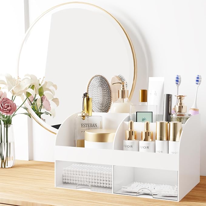 Makeup Organizer with Drawers, Cosmetic Storage for Dresser Vanity and Bathroom Countertop, Beauty Holder for Lipstick Brush, Skincare Organizer for Vanity, Cosmetic Display Case (White) - Image 3