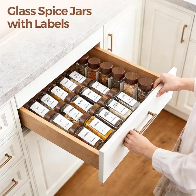ComSaf Glass Spice Storage Jars with Acacia Wood Lids & Labels 4Oz 24Pack - Image 4