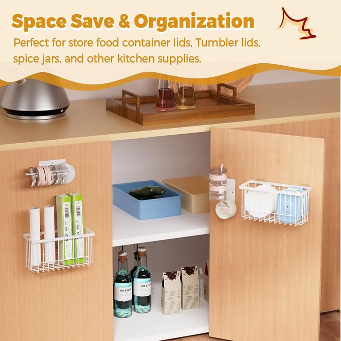 4 Pack Adhesive Cabinet Door Organizer - Tumbler Lid Organizer & Kitchen Storage baskets for Kitchen, Bathroom, Inside Cabinet Door Storage for Cup Lids, Spices, Small Supplies, Space-Saving (White) - Image 4