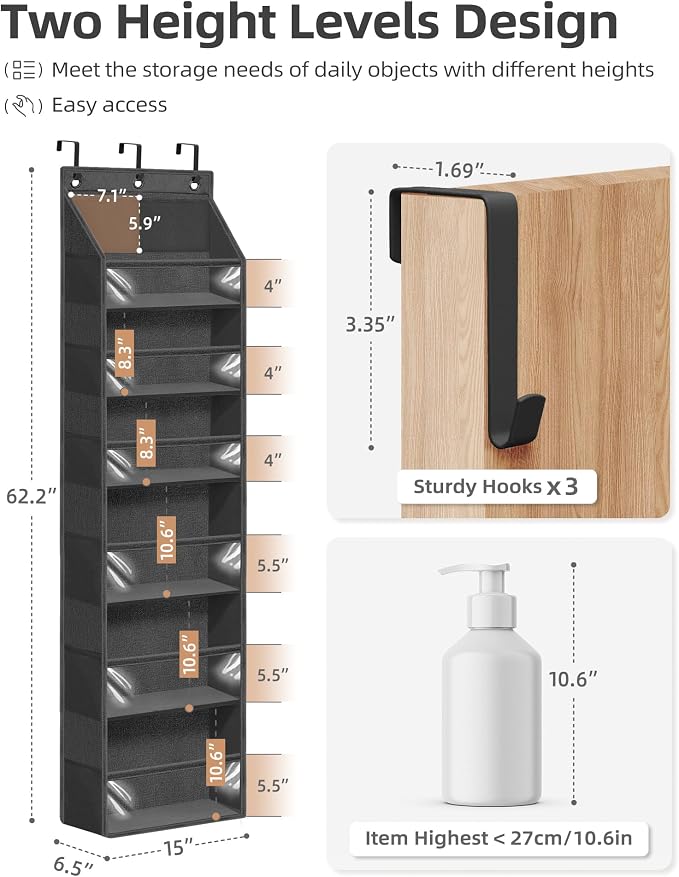 STORAGE MANIAC Over the Door Organizer 6-Shelf Closet Hanging Storage with 14 Mesh Pockets, 66lbs Capacity Clear Deep Pockets Behind Door Storage for Nursery, Bathroom, Bedroom, 1 Pack Black - Image 3