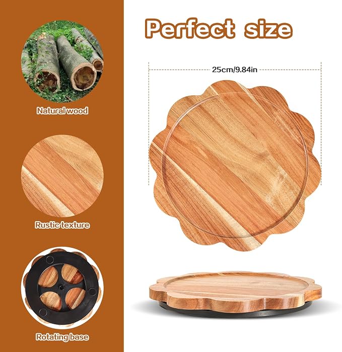 WLWNWFT Lazy Susan Turntable Organizer 10in, Acacia Wood Flower Shape Rotating Tray Candle Decoration Tray Centerpiece for Coffee Table, Candle Holder Display, Spice Rack, Pantry Organiser - Image 5