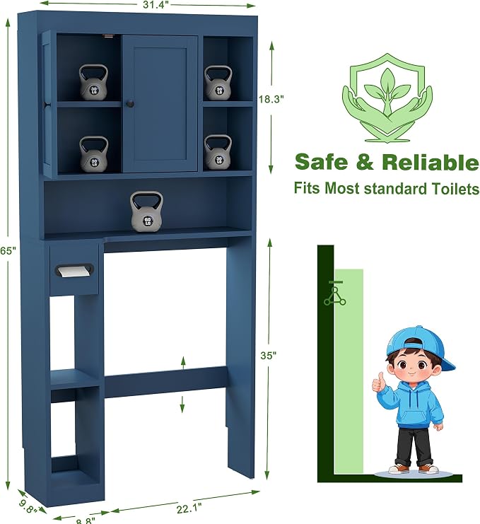Over The Toilet Storage Cabinet with 7 Shelves, Imitation Walnut Grain Above Toilet Bathroom Organizer with Toilet Paper Holder Stand, Space Saver for Restroom, Laundry, Bathroom (Navy Blue) - Image 2