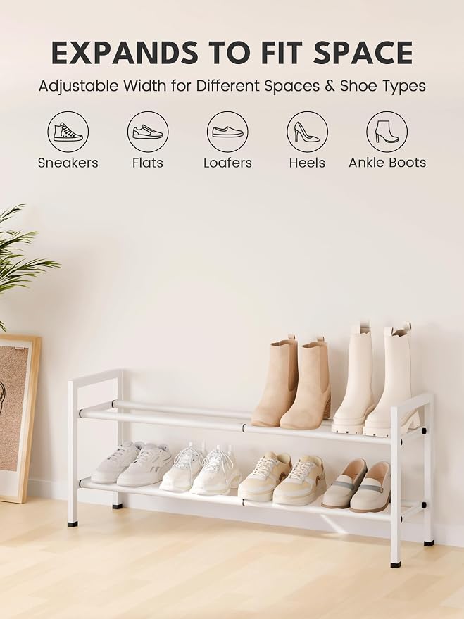 Bumusty 2 Tier Expandable Shoe Rack for Closet, White | 18"-33" Adjustable Shoe Rack for Entryway, Small Shoe Organizer for Dorm, Front Door, Sturdy Metal - Image 3