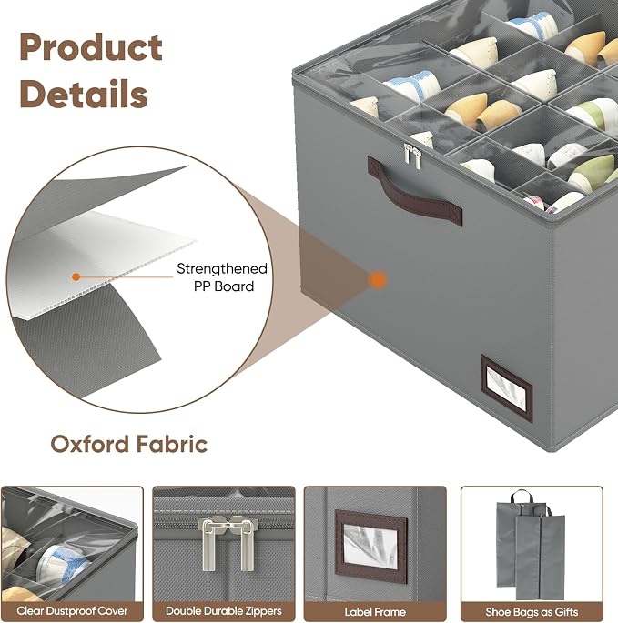 OIAHOMY 2 Pack Shoe Organizer for Closet, Large Foldable Shoe Storage Bins with Dividers and Reinforced Handles, Each Clear Cover Sneaker Box Fits Up to 16 Pairs for Entryway and Bedroom, Grey - Image 5