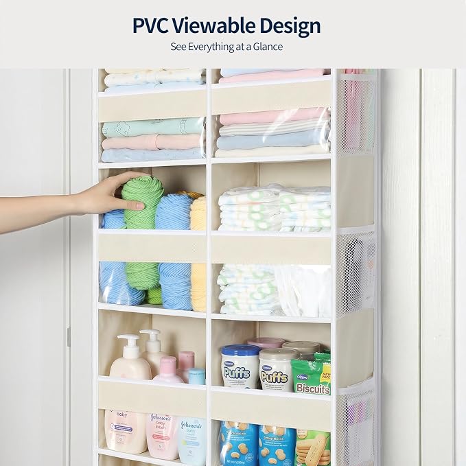 Yecaye 6 Tier Over The Door Organizer, Door Organizer with 12 Compartments | 20" W, Extra Large Behind Door Storage With 12 Side Pockets, 80lbs Heavy Duty, Clear Window, for Closet Bedroom - Image 6