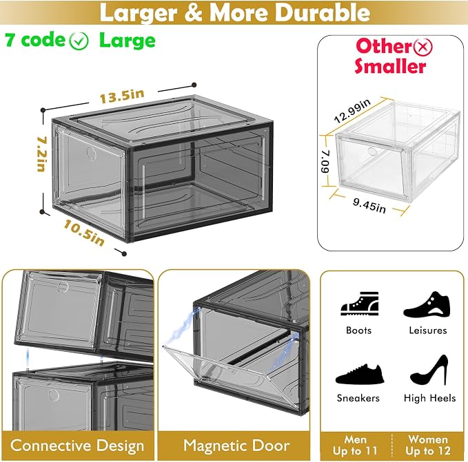 Large Thick Clear Shoe Organizer, Magnetic Door Stackable Shoe Storage Box | Foldable Shoe Storage Boxes for Sneakers & Boots, Space-Saving Closet Shoe Cabinet with Clear Magnetic Door, 9 Pack Black - Image 3