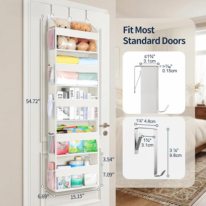 Yecaye 5 Tier Clear Over the Door Organizer Hanging, 5 Large Plastic Pockets and 10 Side Pockets Back of Door Organizer, 56lbs Weight Capacity Behind the Door Storage for Nursery, Ivory White - Image 2